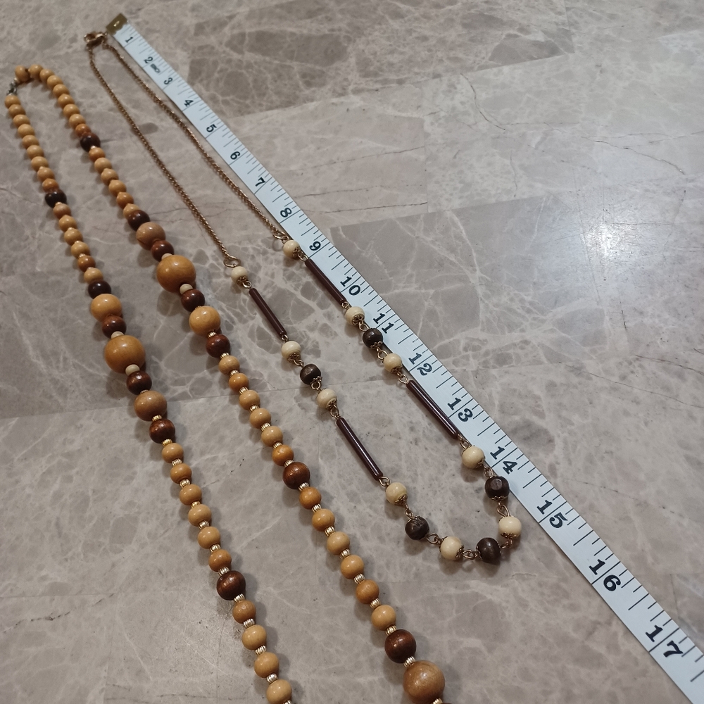 Wood Beaded Necklace Set Of 2 Brown and Cream Boho Jewelry Necklaces - Picture 6 of 9